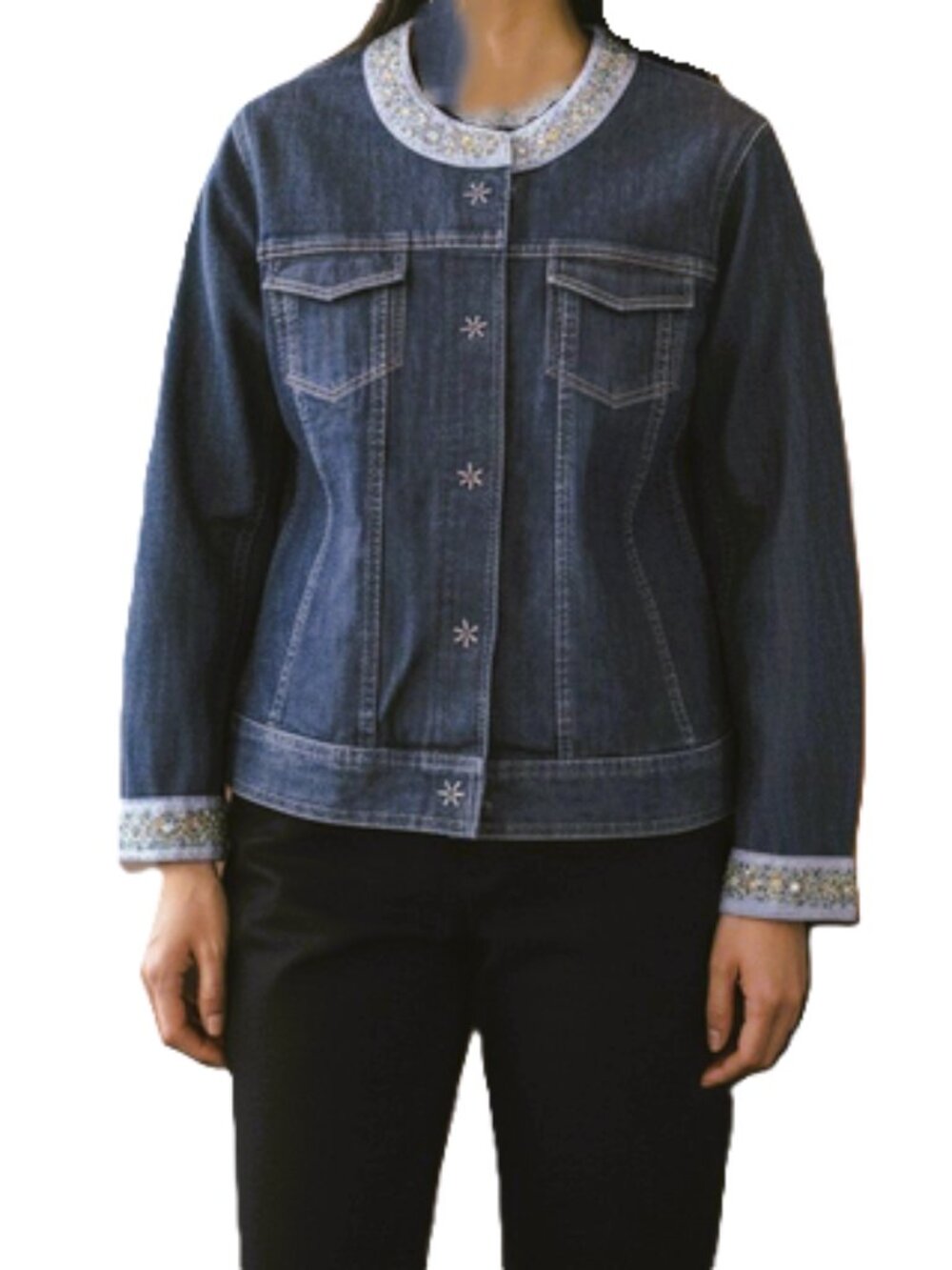 J. Jill Women Dark Wash Beaded Embellished Denim Jacket size XS